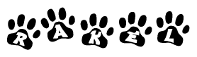 The image shows a series of animal paw prints arranged horizontally. Within each paw print, there's a letter; together they spell Rakel