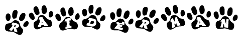 The image shows a series of animal paw prints arranged in a horizontal line. Each paw print contains a letter, and together they spell out the word Raiderman.