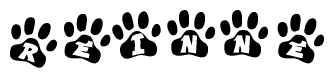 The image shows a series of animal paw prints arranged in a horizontal line. Each paw print contains a letter, and together they spell out the word Reinne.