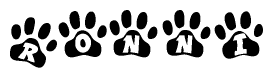The image shows a series of animal paw prints arranged horizontally. Within each paw print, there's a letter; together they spell Ronni