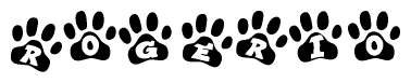 The image shows a series of animal paw prints arranged in a horizontal line. Each paw print contains a letter, and together they spell out the word Rogerio.