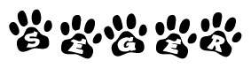 The image shows a series of animal paw prints arranged in a horizontal line. Each paw print contains a letter, and together they spell out the word Seger.