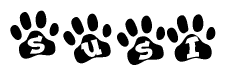 The image shows a row of animal paw prints, each containing a letter. The letters spell out the word Susi within the paw prints.