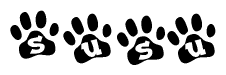 The image shows a row of animal paw prints, each containing a letter. The letters spell out the word Susu within the paw prints.