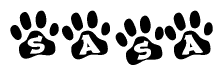 The image shows a row of animal paw prints, each containing a letter. The letters spell out the word Sasa within the paw prints.