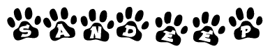 The image shows a series of animal paw prints arranged horizontally. Within each paw print, there's a letter; together they spell Sandeep