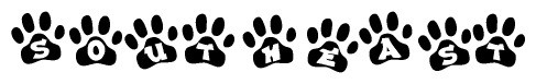 The image shows a series of animal paw prints arranged in a horizontal line. Each paw print contains a letter, and together they spell out the word Southeast.