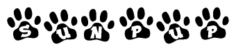 The image shows a series of animal paw prints arranged horizontally. Within each paw print, there's a letter; together they spell Sunpup