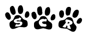 The image shows a row of animal paw prints, each containing a letter. The letters spell out the word Scr within the paw prints.