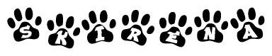 The image shows a row of animal paw prints, each containing a letter. The letters spell out the word Skirena within the paw prints.
