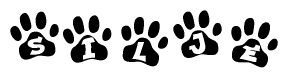 The image shows a series of animal paw prints arranged in a horizontal line. Each paw print contains a letter, and together they spell out the word Silje.