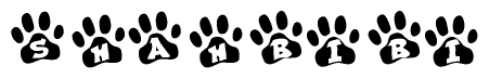 The image shows a series of animal paw prints arranged in a horizontal line. Each paw print contains a letter, and together they spell out the word Shahbibi.