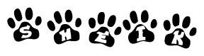 The image shows a series of animal paw prints arranged horizontally. Within each paw print, there's a letter; together they spell Sheik