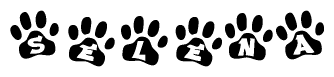 The image shows a row of animal paw prints, each containing a letter. The letters spell out the word Selena within the paw prints.