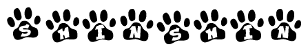 The image shows a series of animal paw prints arranged in a horizontal line. Each paw print contains a letter, and together they spell out the word Shinshin.