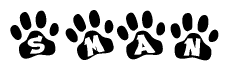 The image shows a series of animal paw prints arranged horizontally. Within each paw print, there's a letter; together they spell Sman