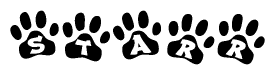 The image shows a series of animal paw prints arranged in a horizontal line. Each paw print contains a letter, and together they spell out the word Starr.
