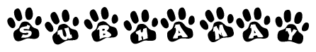 The image shows a row of animal paw prints, each containing a letter. The letters spell out the word Subhamay within the paw prints.