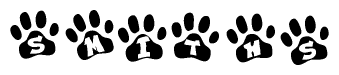 The image shows a series of animal paw prints arranged in a horizontal line. Each paw print contains a letter, and together they spell out the word Smiths.
