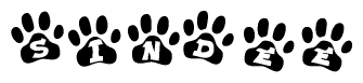 The image shows a series of animal paw prints arranged horizontally. Within each paw print, there's a letter; together they spell Sindee