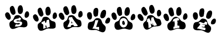 The image shows a row of animal paw prints, each containing a letter. The letters spell out the word Shalomie within the paw prints.