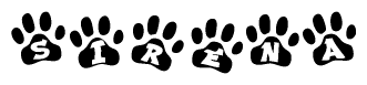 The image shows a series of animal paw prints arranged in a horizontal line. Each paw print contains a letter, and together they spell out the word Sirena.