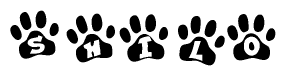 The image shows a series of animal paw prints arranged in a horizontal line. Each paw print contains a letter, and together they spell out the word Shilo.