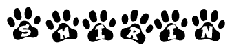 The image shows a series of animal paw prints arranged in a horizontal line. Each paw print contains a letter, and together they spell out the word Shirin.