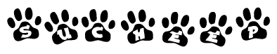 The image shows a series of animal paw prints arranged in a horizontal line. Each paw print contains a letter, and together they spell out the word Sucheep.