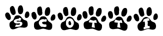 The image shows a series of animal paw prints arranged in a horizontal line. Each paw print contains a letter, and together they spell out the word Scotti.