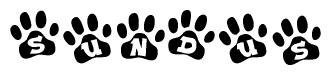 The image shows a series of animal paw prints arranged in a horizontal line. Each paw print contains a letter, and together they spell out the word Sundus.
