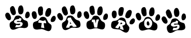 The image shows a row of animal paw prints, each containing a letter. The letters spell out the word Stavros within the paw prints.
