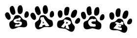 The image shows a series of animal paw prints arranged horizontally. Within each paw print, there's a letter; together they spell Sarce