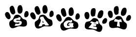 The image shows a series of animal paw prints arranged horizontally. Within each paw print, there's a letter; together they spell Saget