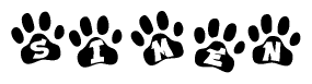 The image shows a row of animal paw prints, each containing a letter. The letters spell out the word Simen within the paw prints.
