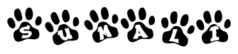 The image shows a row of animal paw prints, each containing a letter. The letters spell out the word Sumali within the paw prints.