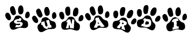 The image shows a series of animal paw prints arranged in a horizontal line. Each paw print contains a letter, and together they spell out the word Sunardi.