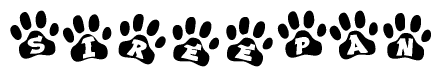 The image shows a series of animal paw prints arranged in a horizontal line. Each paw print contains a letter, and together they spell out the word Sireepan.