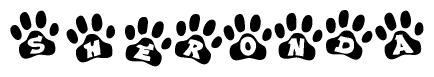 The image shows a series of animal paw prints arranged horizontally. Within each paw print, there's a letter; together they spell Sheronda
