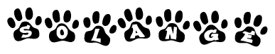 The image shows a series of animal paw prints arranged in a horizontal line. Each paw print contains a letter, and together they spell out the word Solange.