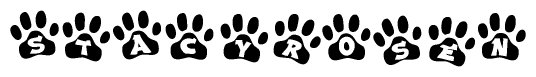 The image shows a row of animal paw prints, each containing a letter. The letters spell out the word Stacyrosen within the paw prints.