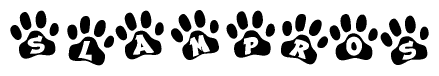 The image shows a row of animal paw prints, each containing a letter. The letters spell out the word Slampros within the paw prints.