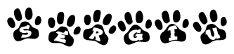 The image shows a series of animal paw prints arranged in a horizontal line. Each paw print contains a letter, and together they spell out the word Sergiu.