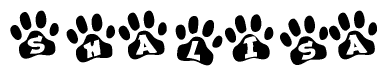 The image shows a row of animal paw prints, each containing a letter. The letters spell out the word Shalisa within the paw prints.