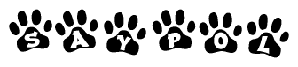 The image shows a series of animal paw prints arranged in a horizontal line. Each paw print contains a letter, and together they spell out the word Saypol.