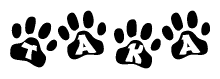 The image shows a series of animal paw prints arranged horizontally. Within each paw print, there's a letter; together they spell Taka