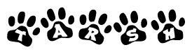The image shows a row of animal paw prints, each containing a letter. The letters spell out the word Tarsh within the paw prints.
