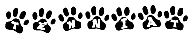The image shows a row of animal paw prints, each containing a letter. The letters spell out the word Tehniat within the paw prints.