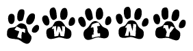 The image shows a series of animal paw prints arranged horizontally. Within each paw print, there's a letter; together they spell Twiny