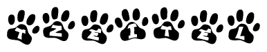 The image shows a series of animal paw prints arranged in a horizontal line. Each paw print contains a letter, and together they spell out the word Tzeitel.